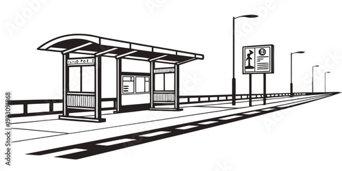 A serene train station platform on a clear day with a bus stop nearby. Vector