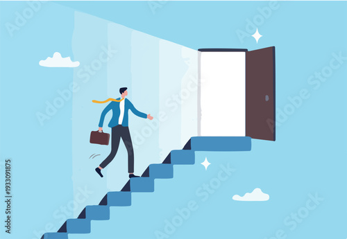 Open new opportunity door, career development or business decision for new challenge, success and achievement secret concept, businessman reaching top of stairway open bright light opportunity door.