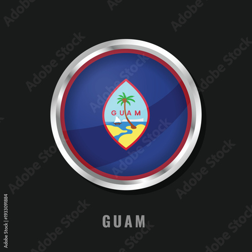 Circular glossy flag of Guam with a silver frame. Features the red-bordered blue field with the central seal showing a proa and palm tree, symbolizing the island's Chamorro culture.