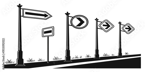 A variety of directional signs and flags on a straight road. Vector