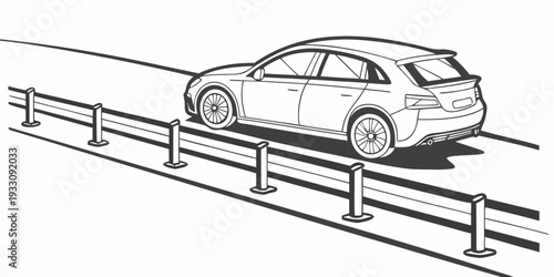 Car driving on a steep metal ramp with a guardrail on the side Vector