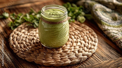 Green goddess dressing placed on woven placemat, natural wood table, relaxed dining scene