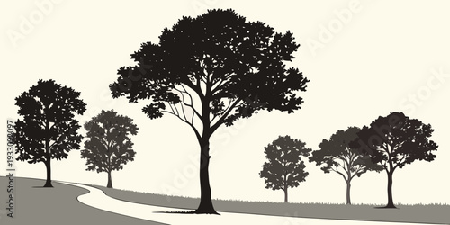 A serene landscape with a variety of trees and a clear blue sky in the background Vector