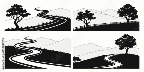Four distinct landscapes featuring winding roads and solitary trees Vector