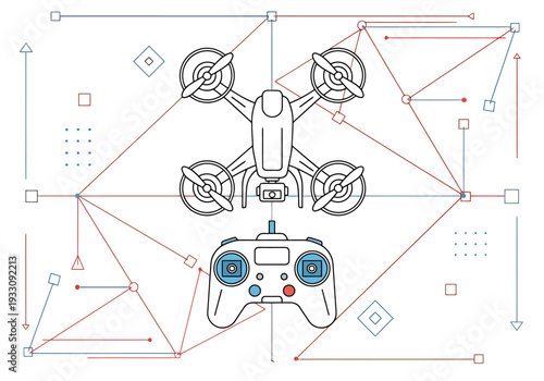 Modern Aerial Drone And Remote Controller Connected By Network Lines Concept For Future Technology And Robotics Innovation On White Background