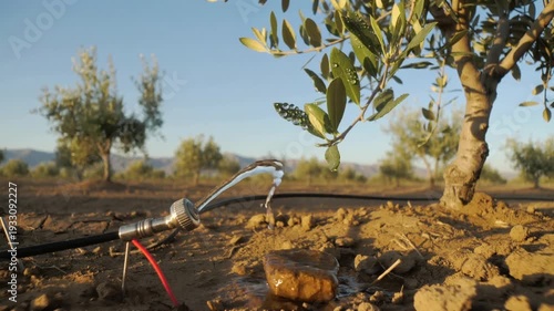 Irrigation system waters olive tree in dry landscape with clear blue sky and mountains.