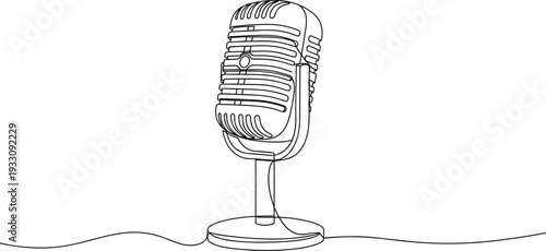 Retro vintage microphone continuous one line drawing vector illustration, podcasting and broadcasting concept art, professional audio equipment on white background.