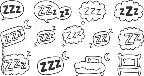 Collection of hand drawn zzz sleep symbols and beds with crescent moons dreaming slumber rest