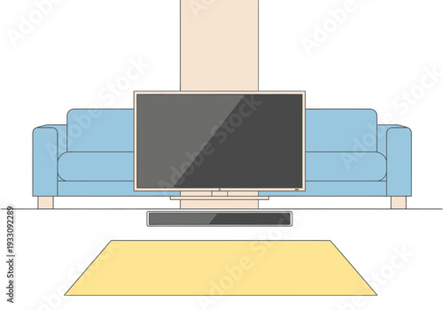 Modern living room setup with flat screen television on stand behind comfortable light blue couch and yellow rug on floor