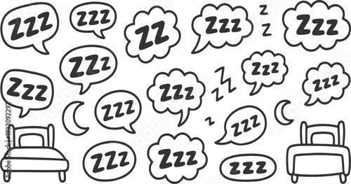 Hand drawn doodle collection of sleeping symbols including beds moons and zzz speech bubbles dream dreaming