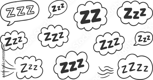 Collection of hand drawn black and white zzz speech bubbles and clouds representing sleep snoring dreaming