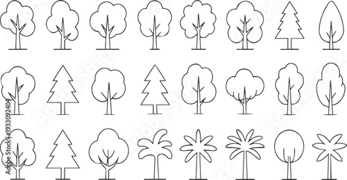 Collection of simple line representing various tree types including deciduous coniferous and palm trees 1