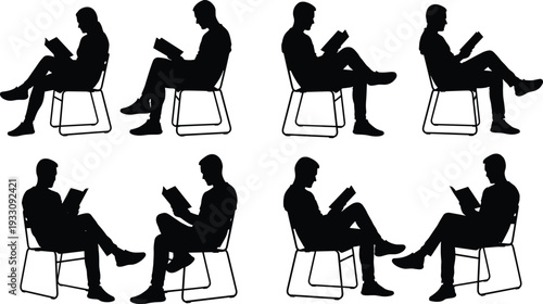 Silhouette collection of young men sitting and reading books, students and people studying or working in office chairs isolated on white background.