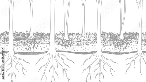 Cross section of tree roots and soil layers showing different soil textures and root growth patterns