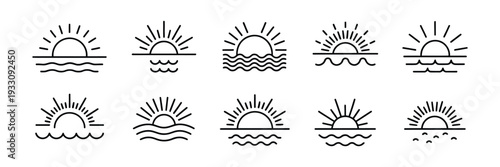 Boho sunset sunrise logo collection, simple hand drawn sun and horizon emblems, trendy bohemian style minimalist icons, retro desert inspired shapes, clean vector set for packaging, social media