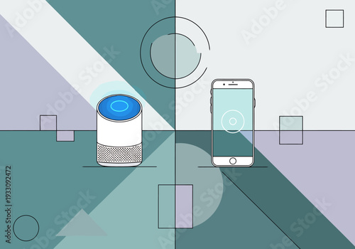 Modern smart speaker device and outline of a smartphone interacting with wireless technology on abstract geometric background