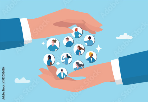 Customer retention, marketing strategy for customer loyalty, employee engagement, recruitment or human resource hiring, consumer care or benefit concept, businessman hand holding customer with care.