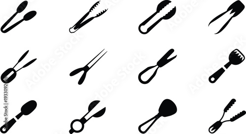 Kitchen tongs silhouettes, cooking utensils, serving tools, black and white line art, food preparation equipment, culinary design, kitchenware illustration, utensil collection