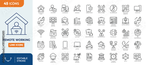 Remote Working icon set. Contain icons related to work from home, online work, freelance, online productivity, telework, and more. outline icons colletion. Editable stroke. Vector illustrator.