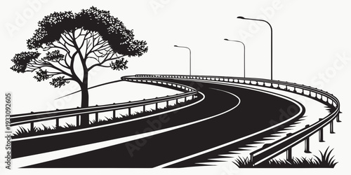 A winding road with a tree and a street sign in the distance Vector