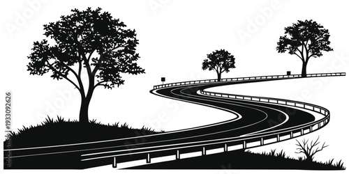 A winding road surrounded by trees and a clear sky. Vector
