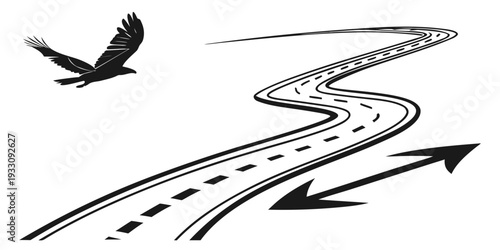 A bird soaring over a winding road with a sense of freedom and adventure. Vector