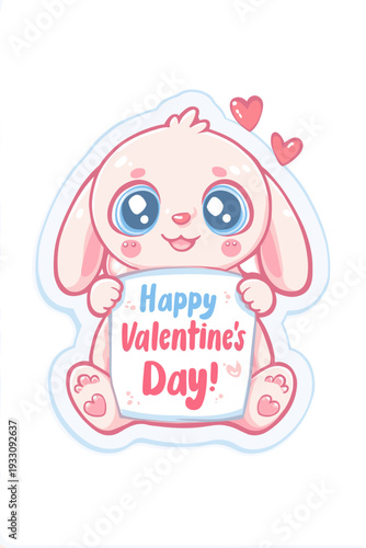 Cute cartoon animal holding a pink sign for Valentine's Day celebration. Cute big-eyed animal delivering Happy Valentine's Day message