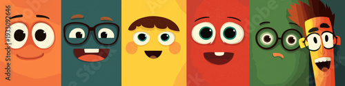 Cheerful cartoon faces on a colorful background expressing various emotions and concepts. Cartoon faces showing emotions and different personalities