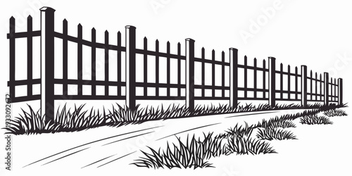 A detailed illustration of a wooden fence with a gate and a small dog nearby Vector