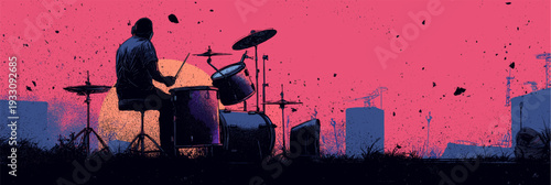 Drummer performing on a city rooftop at sunset, playing a song about love. Drummer playing love song on urban rooftop