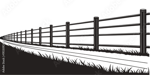 A long, dark, wooden fence stretching into the distance under a clear sky Vector