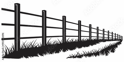 A serene landscape with a wooden fence running along a grassy hillside Vector