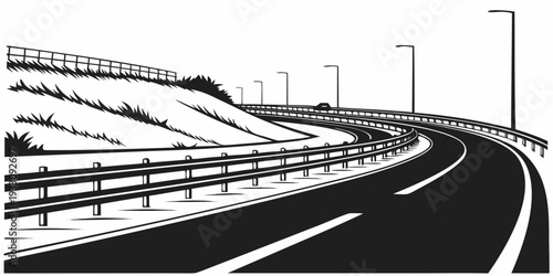 A winding road with snow-covered hills and a clear sky above Vector