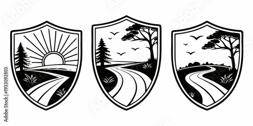 Three distinct shields with unique designs and symbols on each. Vector