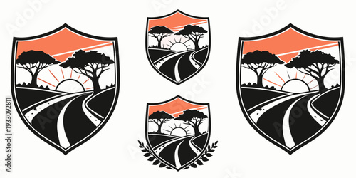 Three shields and a crest featuring a rearing horse and a bird in flight Vector