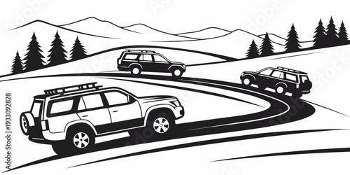 A vintage car navigates a winding mountain road with scenic beauty in the background. Vector