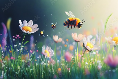 A vibrant meadow with bees buzzing among tall flowering plants and fresh green grass 