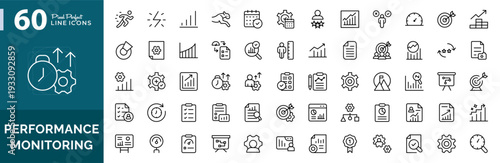 Performance monitoring line icon collection. Analytics, metrics, dashboard, workflow, server monitoring, data analysis, icons vector illustration. Editable pixel-perfect stroke icon