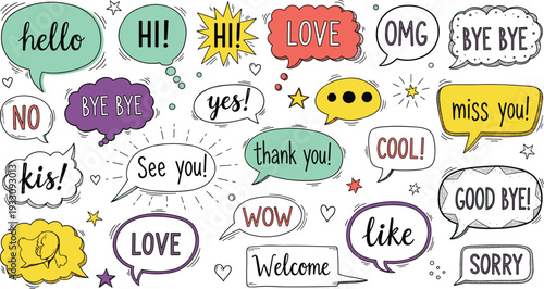 Colorful Hand Drawn Speech Bubbles with Hello Love OMG Thank You Messages Vector Illustration Collection