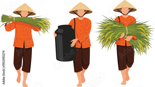Illustration of traditional Southeast Asian farmers wearing conical hats, orange shirts, and brown pants carrying rice stalks and containers, symbolizing agriculture, rural life, and cultural heritage