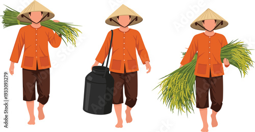 Illustration of traditional farmers wearing conical hats, orange shirts, and brown pants carrying stalks and containers, symbolizing agriculture, rural life, and Southeast Asian culture