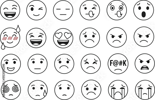 Emoji Face Expression Line Icon Set with Happy Sad Angry Crying Emoticons Vector Illustration Collection