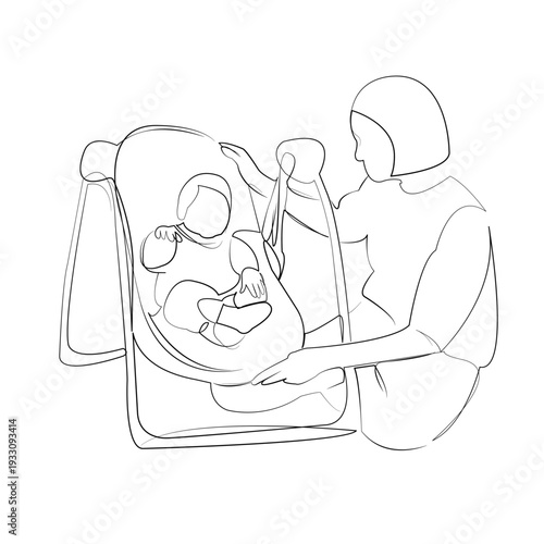 One continuous line drawing on white isolated background. Minimalism linear illustration. children, mother, baby, infant, home, bouncer, childhood, person, care, family