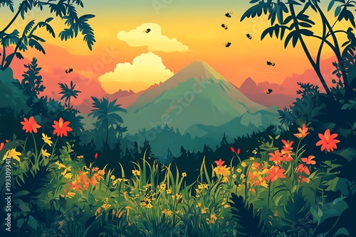 A vibrant meadow with bees buzzing among tall flowering plants and fresh green grass 