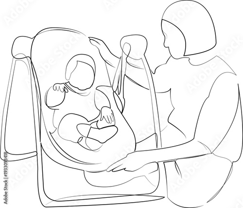 One continuous line drawing on white isolated background. Minimalism linear illustration. children, mother, baby, infant, home, bouncer, childhood, person, care, family