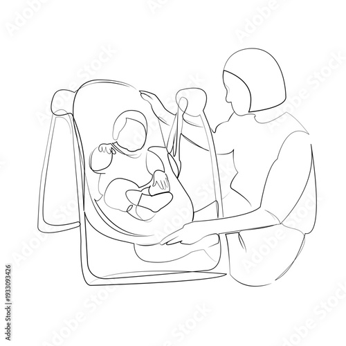 One continuous line drawing on white isolated background. Minimalism linear illustration. children, mother, baby, infant, home, bouncer, childhood, person, care, family