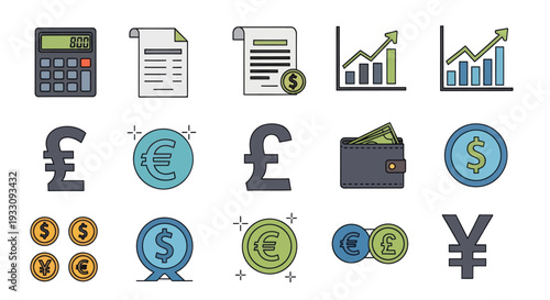 Currency Symbols and Financial Icons Set.