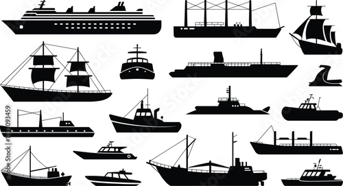 Ship and boat silhouettes illustration set, maritime vessel vector artwork, nautical design graphics, watercraft icons collection, ocean transport symbol