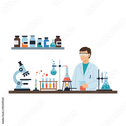 Scientist in Lab Coat Conducting Experiment with Beaker and Flasks