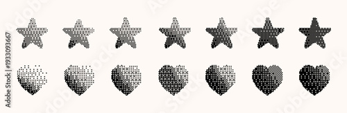 Bitmap halftone pixelated gradient gradation with dither effect,hearts and stars set.Retro Y2K game computer tech techno vibe,vintage cyberpunk grain noise bit pixel art feel digital mood illustration